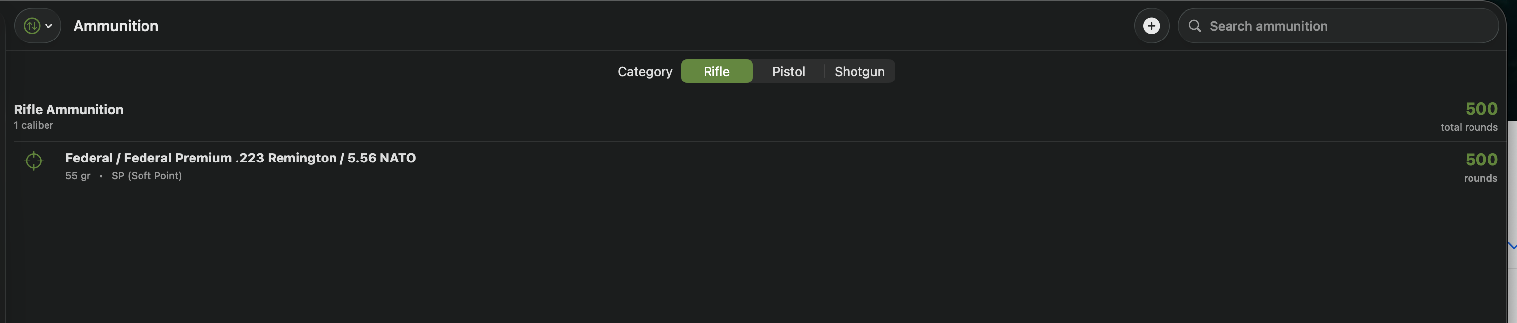 Mac — Ammunition inventory with caliber categories and round counts